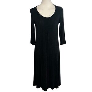 EILEEN FISHER Midi Dress Gray Black Scoop Neck 2/3 Sleeves Stretchy Size XS Work